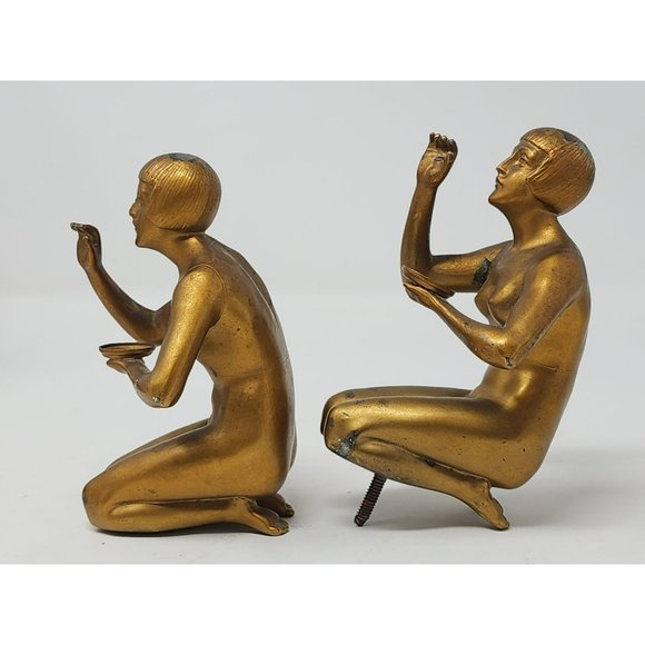 2 Vintage Bronze/Brass Nude Woman Kneeling Reaching Out Holding‎ Tray/Plate - Picture 2 of 14